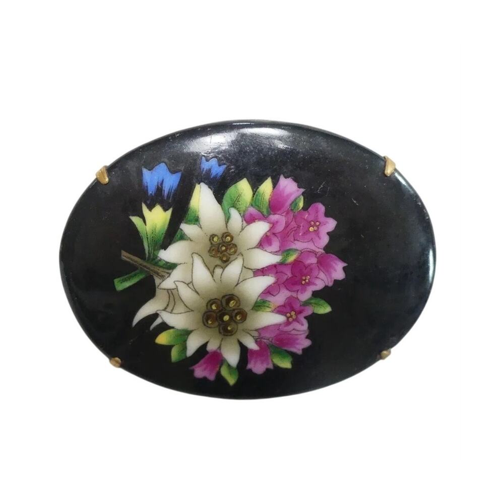Vintage Hand Painted Goth Flower Brooch – MCM Oval Floral Pin – Witchcore